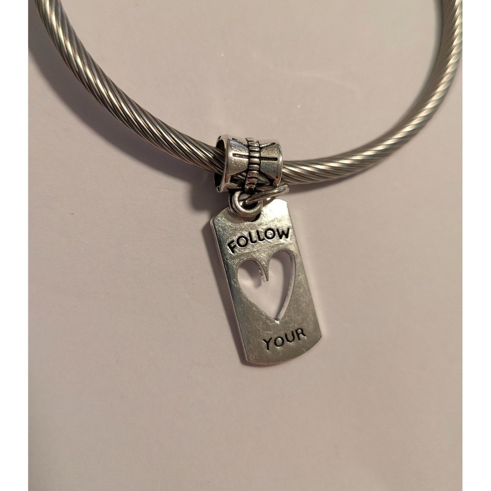 Follow Your Heart Silver Cable Wire Bangle Bracelet Inspirational Charm Jewelry